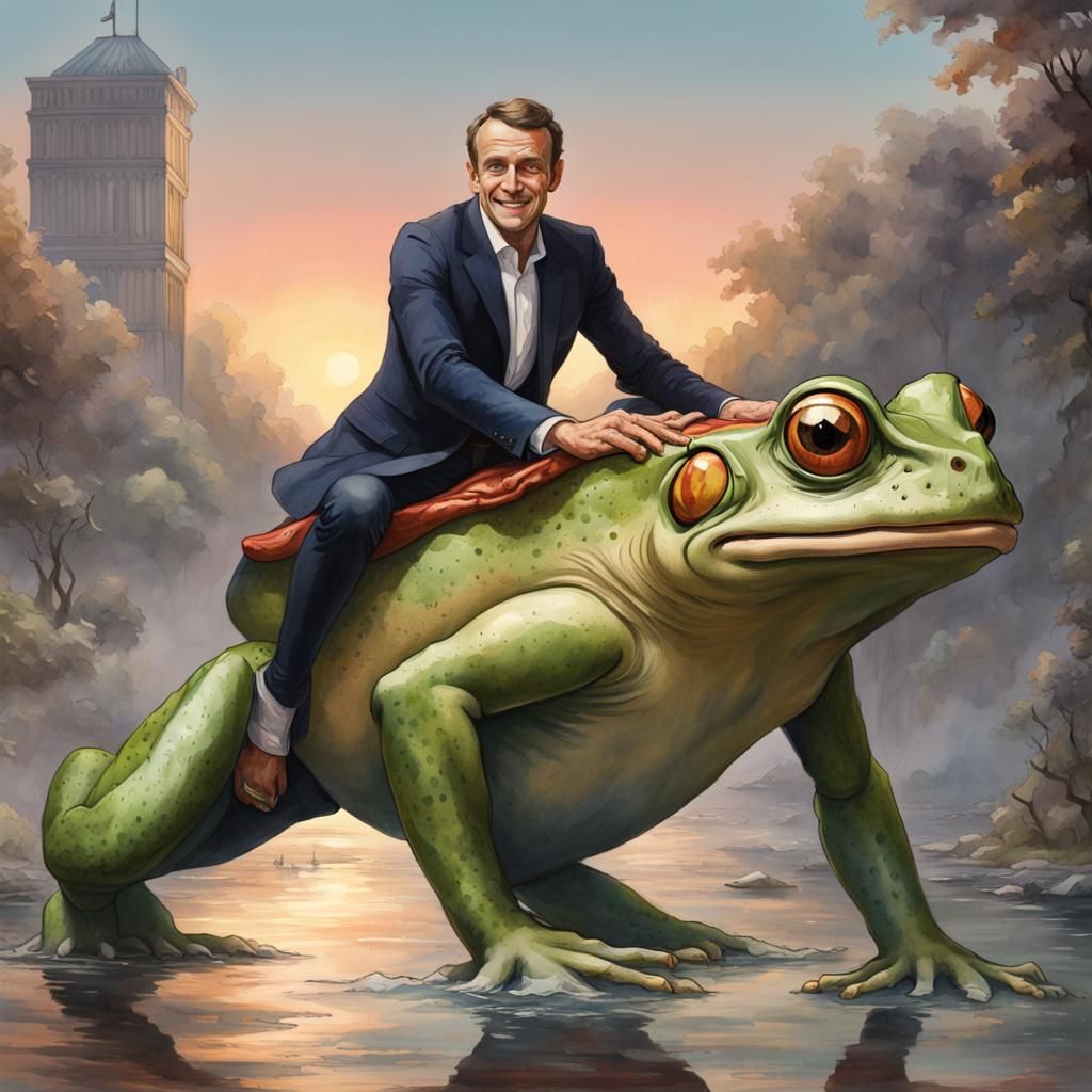 Macron Rides a Laughing Frog, Watercolor Concept Art
