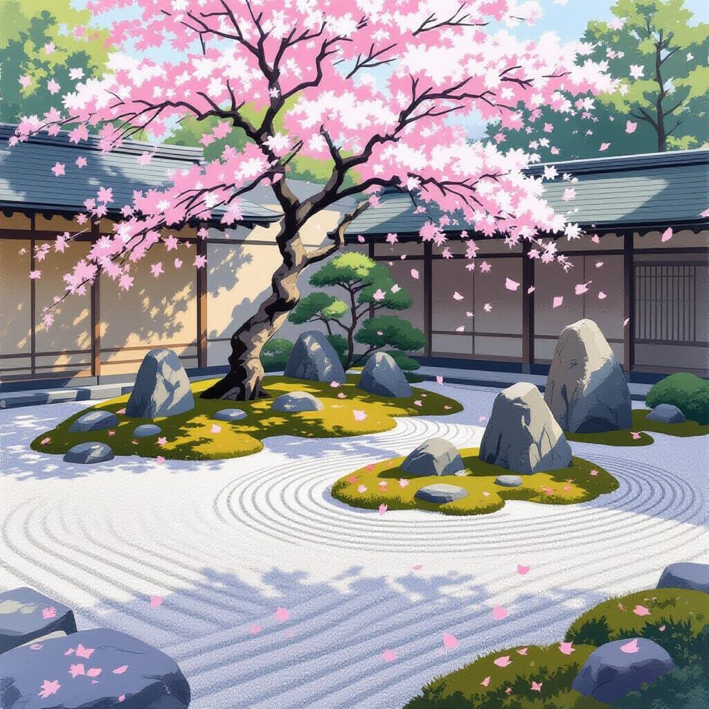 Zen Garden with Cherry Blossoms in Japanese Art Style