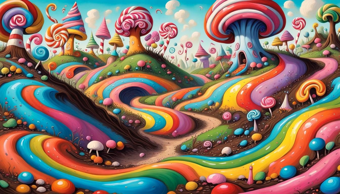 Vibrant Candyland Wonderland as Gouache Painting