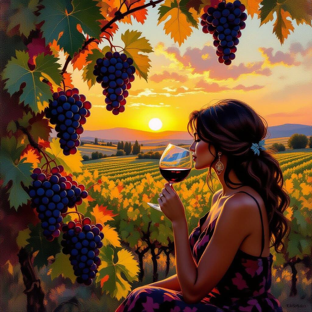 Tempranillo Sunset with Woman Enjoying Wine
