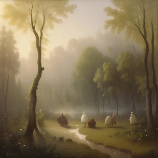 Angels Sing in Misty Forest: Romanticism Oil Painting