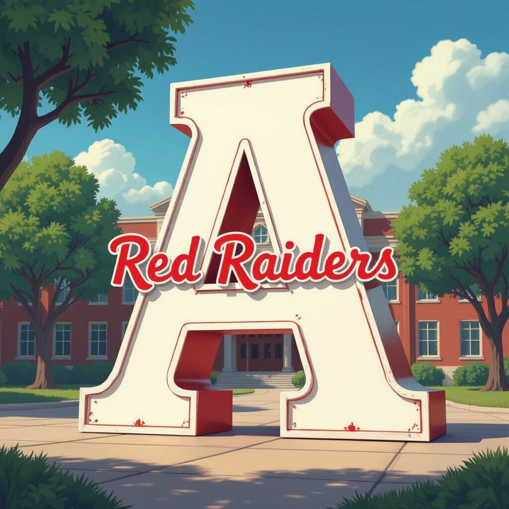 Whimsical 'A' with Red Raiders in Fantasy Art Style