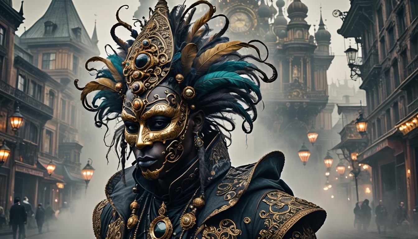 Mysterious Man in Carnival Mask with Dream City