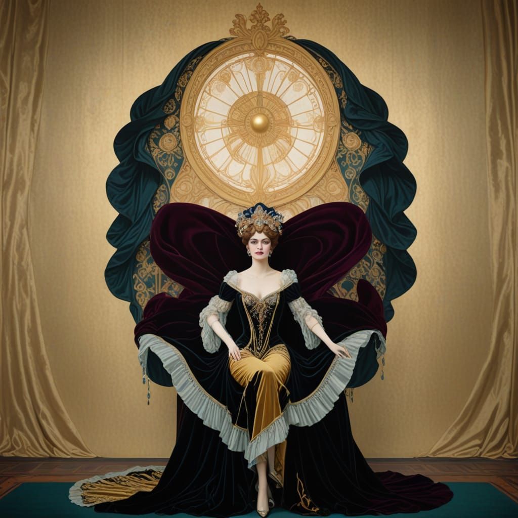 Woman in Luxurious Jugendstil Setting with Lavish Fabrics an...