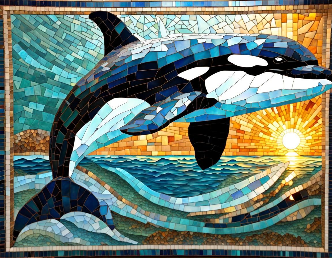 Underwater Orca in Geometric Mosaic Style