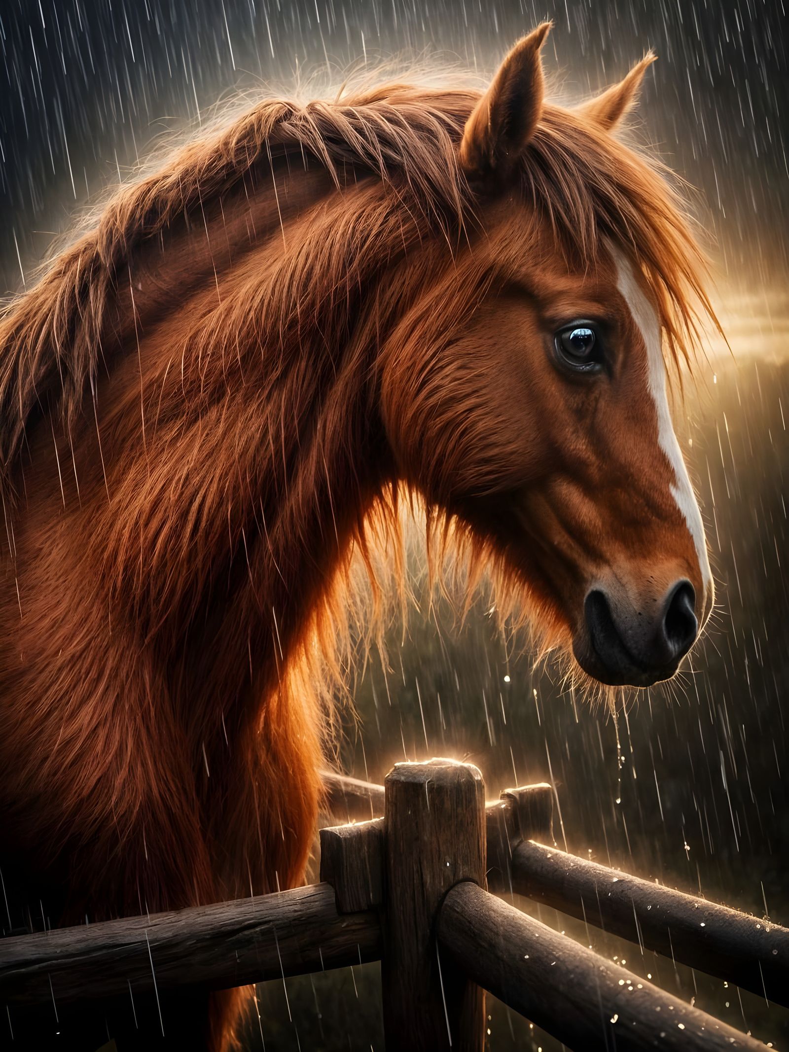 Mustang Horse Seeking Shelter in Heavy Rain