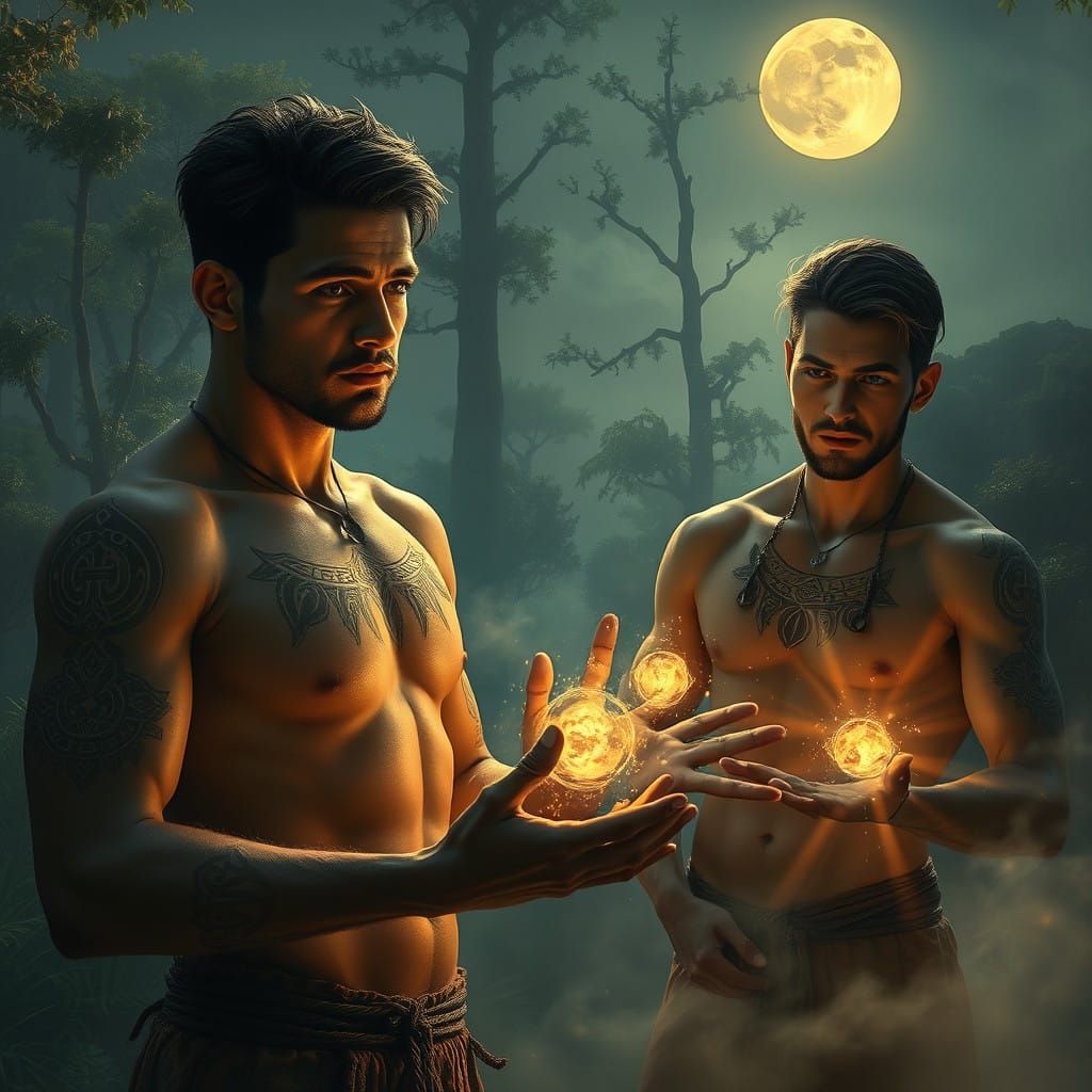 Hyperrealistic Men Practice Enchanted Magic Under Ethereal M...