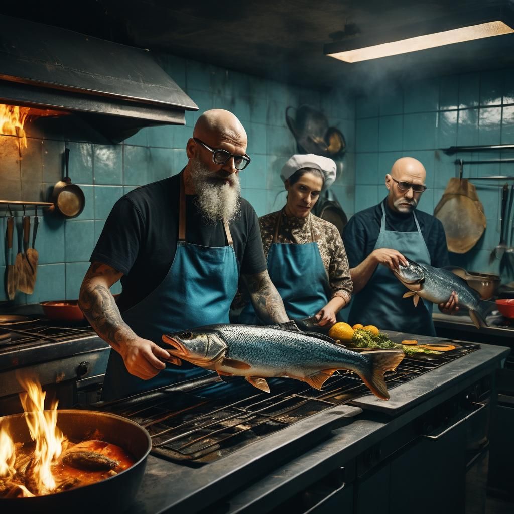 Wild Cook Prepares Fish in Burning Kitchen