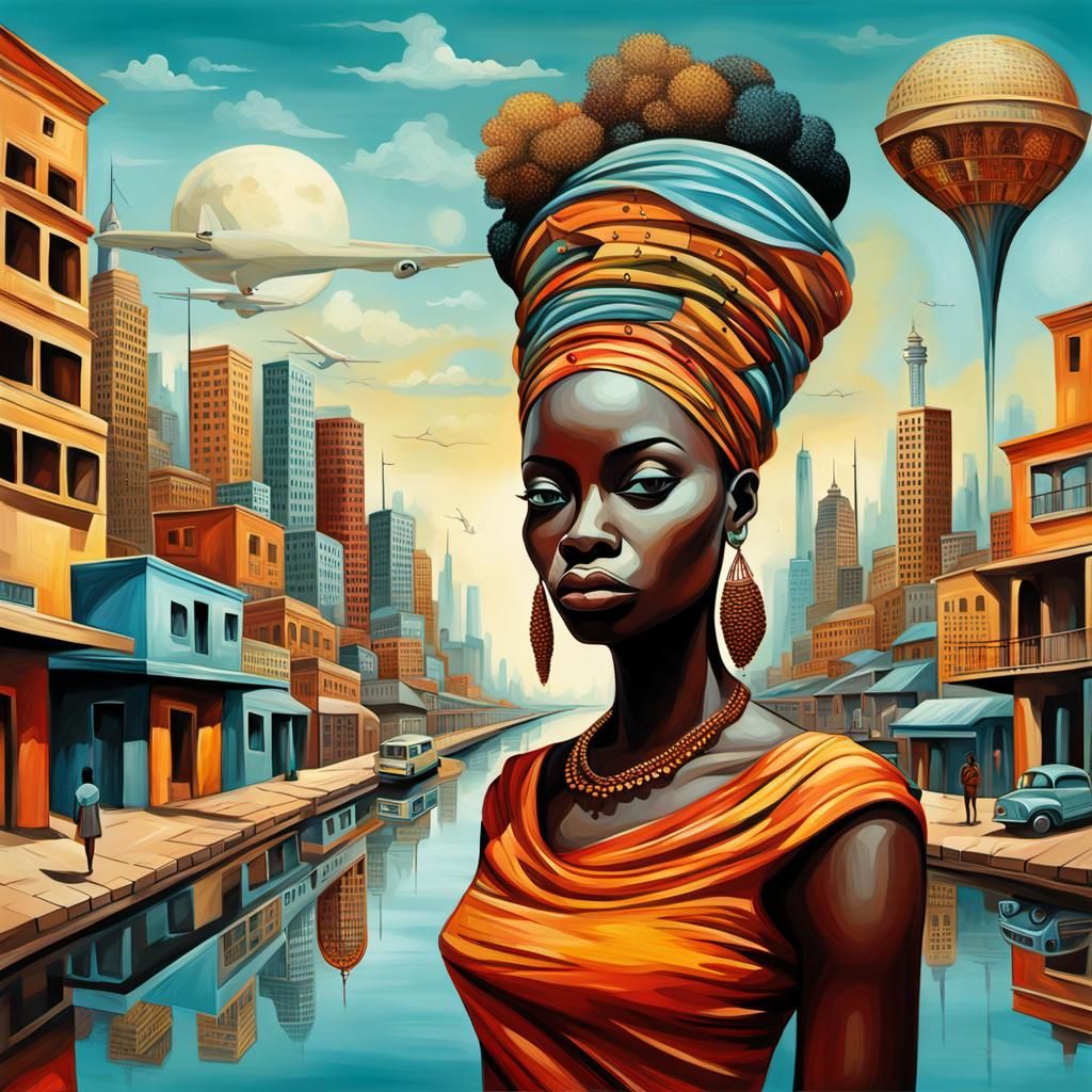 Abstract African Queen in Surreal Cityscape