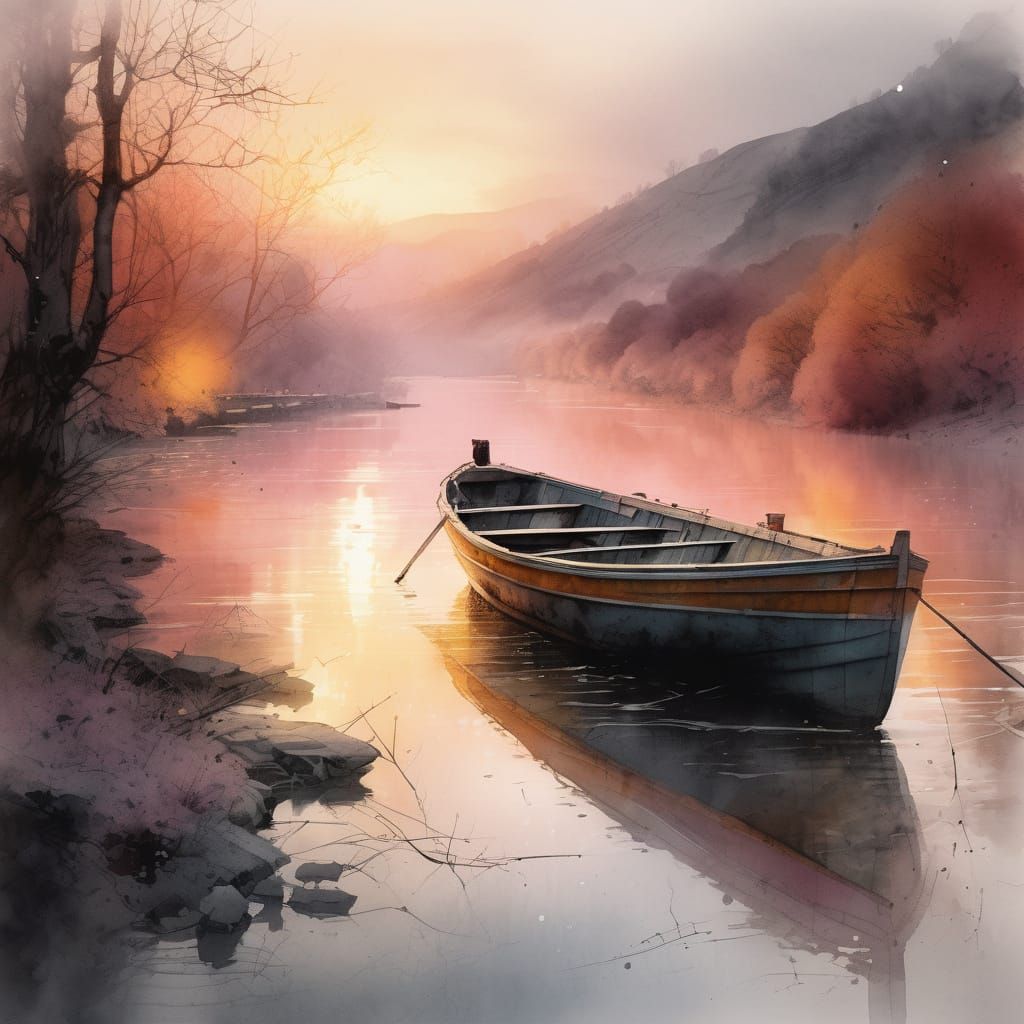 Watercolor River Boat at Sunrise in Golden Light