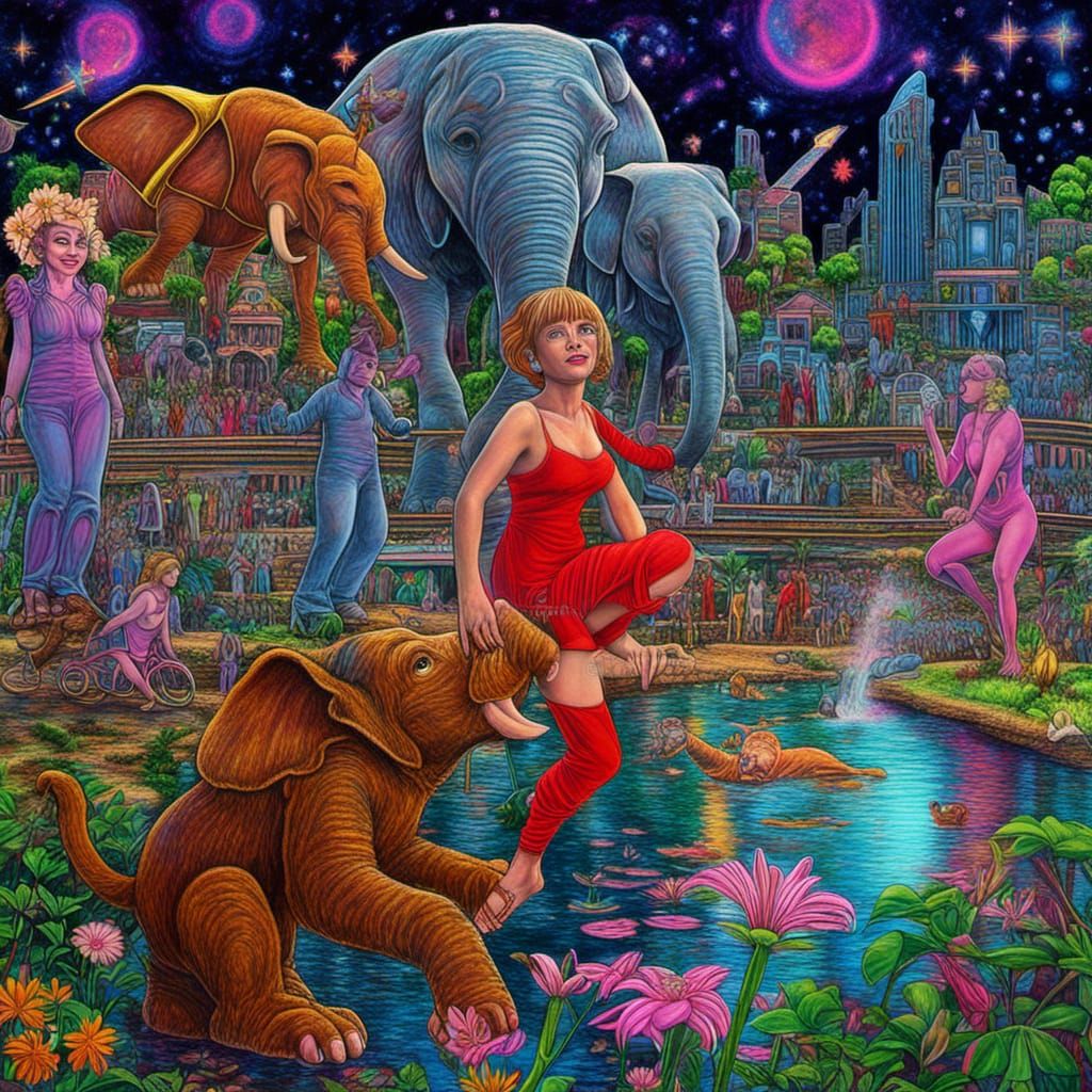 Futuristic Costume Festivity with Elephant, Astral Illustrat...