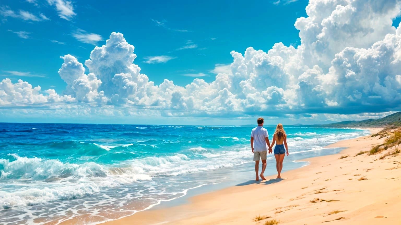 Couple Strolls on a Serene Beachside