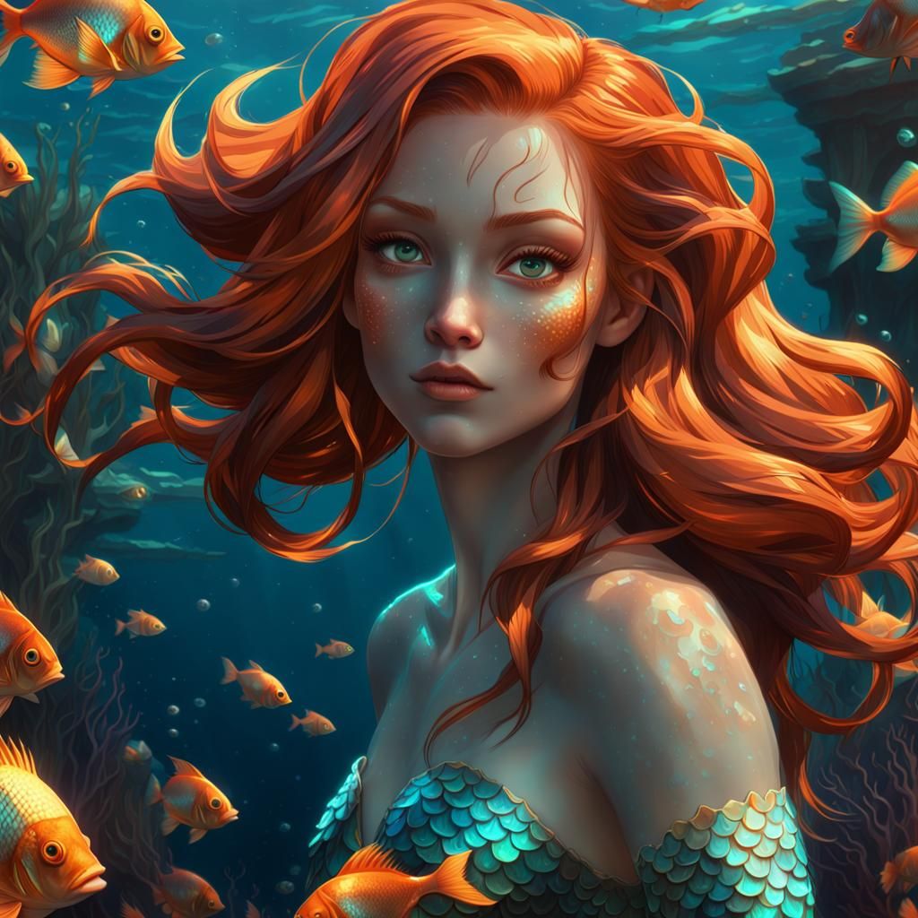 Ginger Mermaid Girl in Underwater Fantasy Art