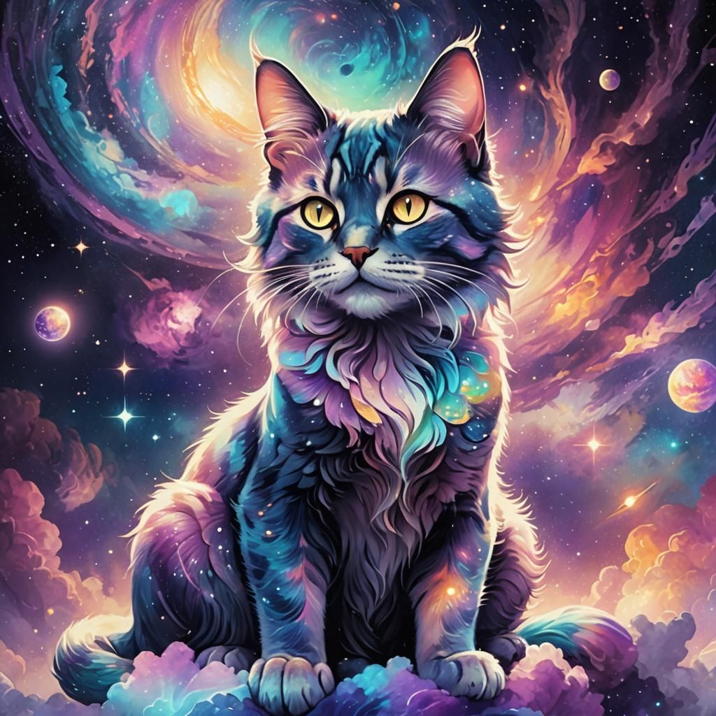 Galaxy Cat on Iridescent Planet in Cosmic Clouds