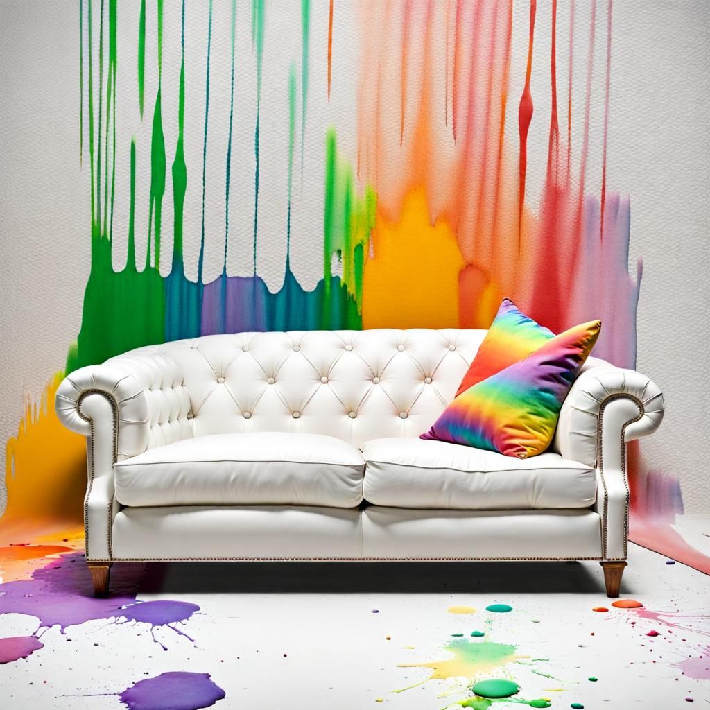 White leather sofa upholstered with rainbow paint stains. Fail