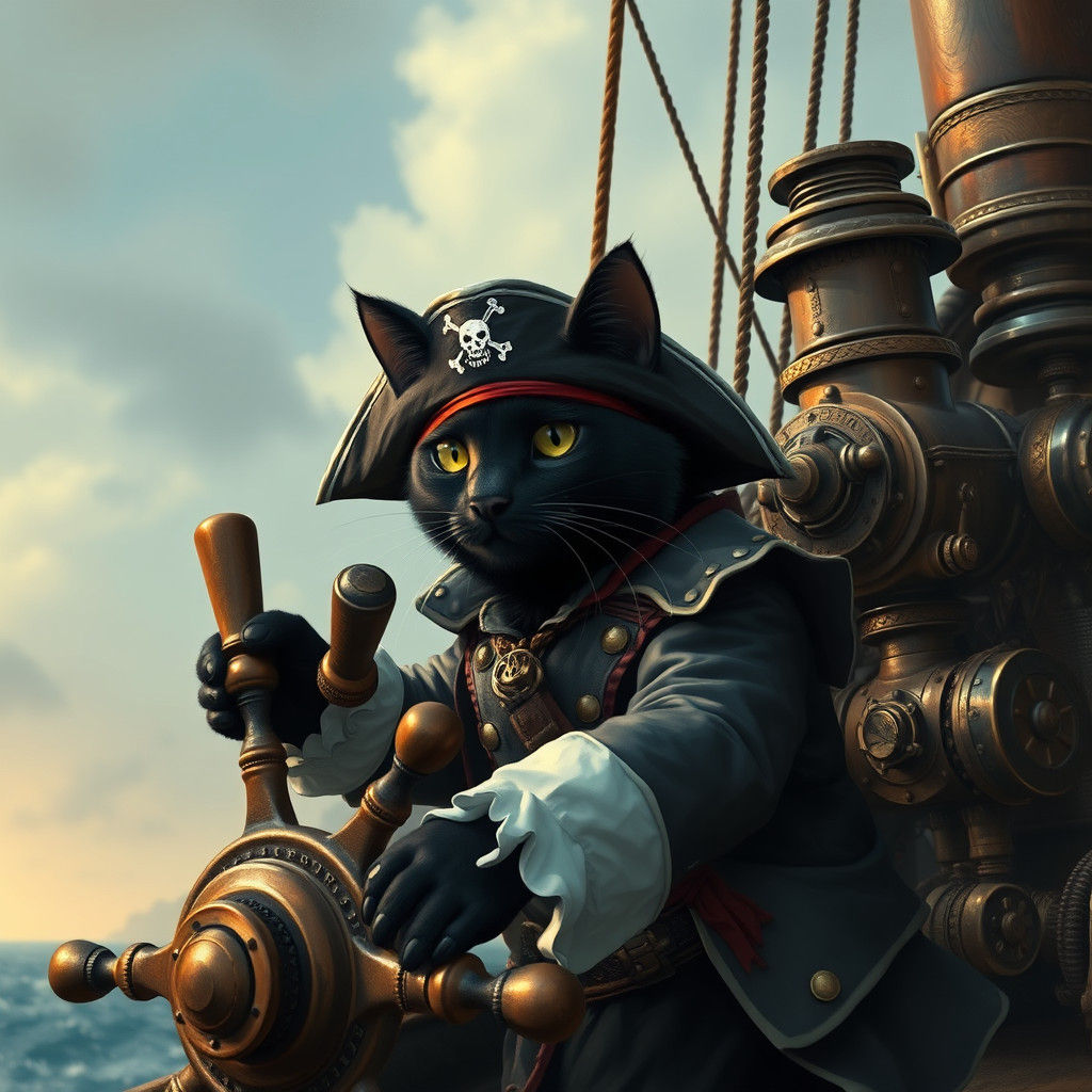 Steampunk Pirate Cat Steers the Ship