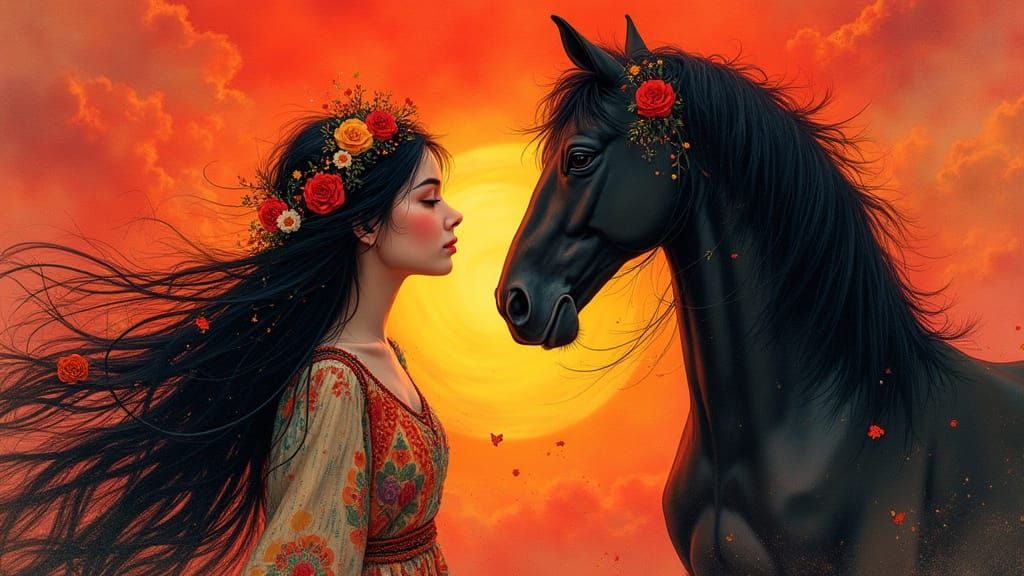 Bohemian Woman and Black Horse at Sunset, Whimsical Romantic...