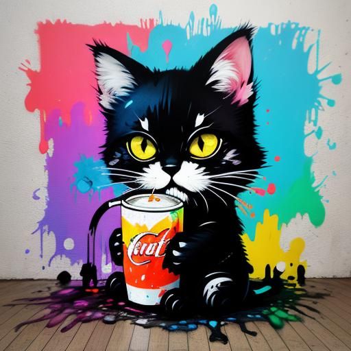 Chibi Kitten Drinking Soda in Graffiti Art Style
