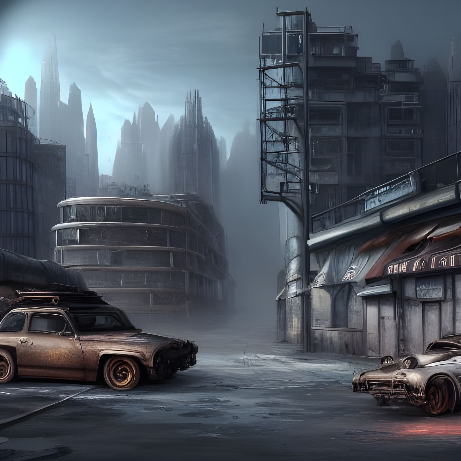 Post-Apocalyptic Cars in Ruined City