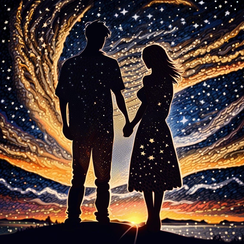 Embracing Silhouettes Against a Starry Sunset