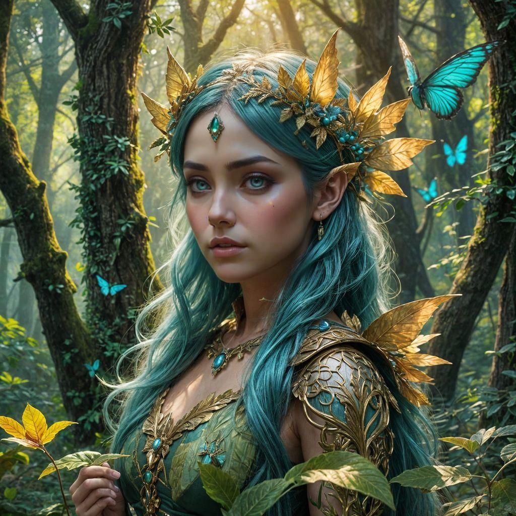 Fantasy Forest Fairy with Teal Wings, Digital Art