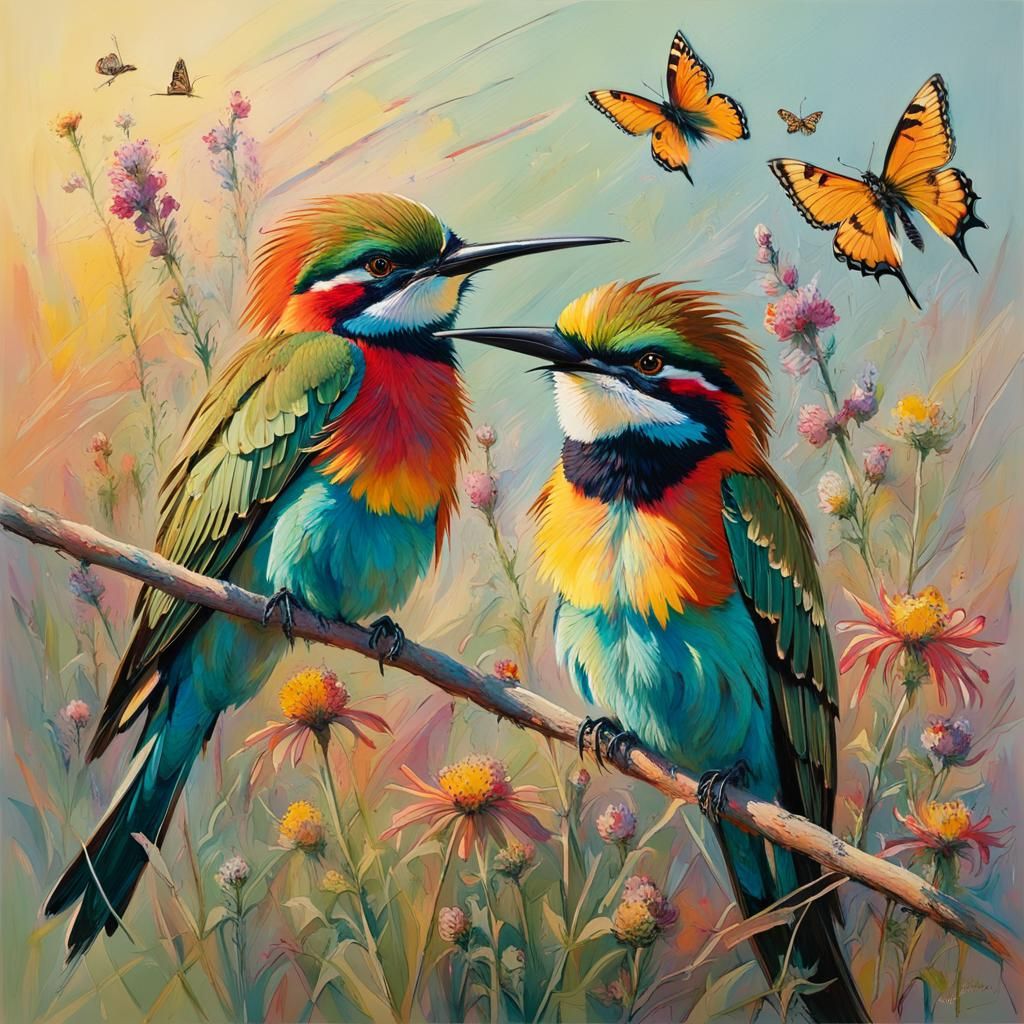 Bee-Eaters with Wildflowers in Impressionistic Style
