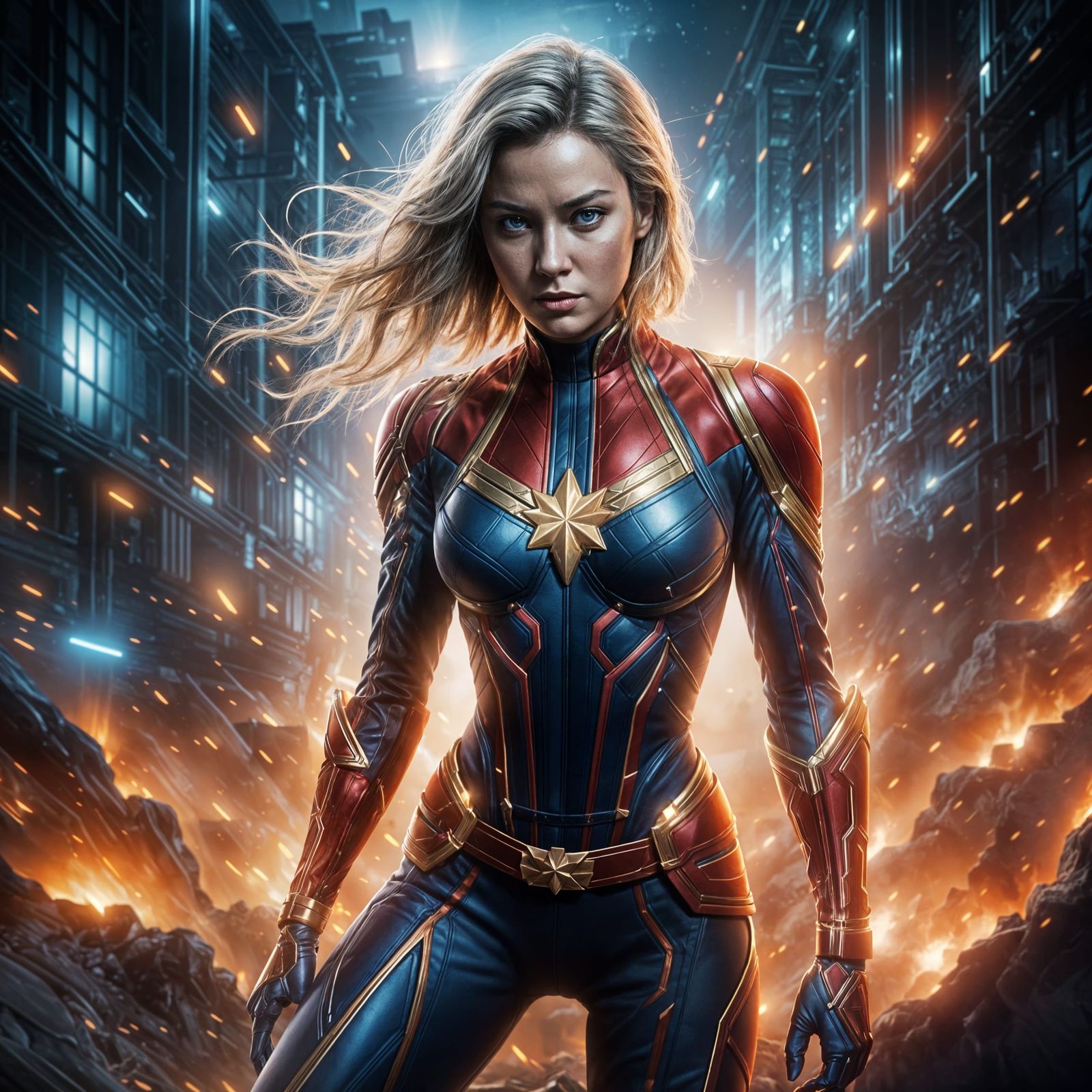 Anime-Inspired Captain Marvel in Dynamic Cosmic Pose