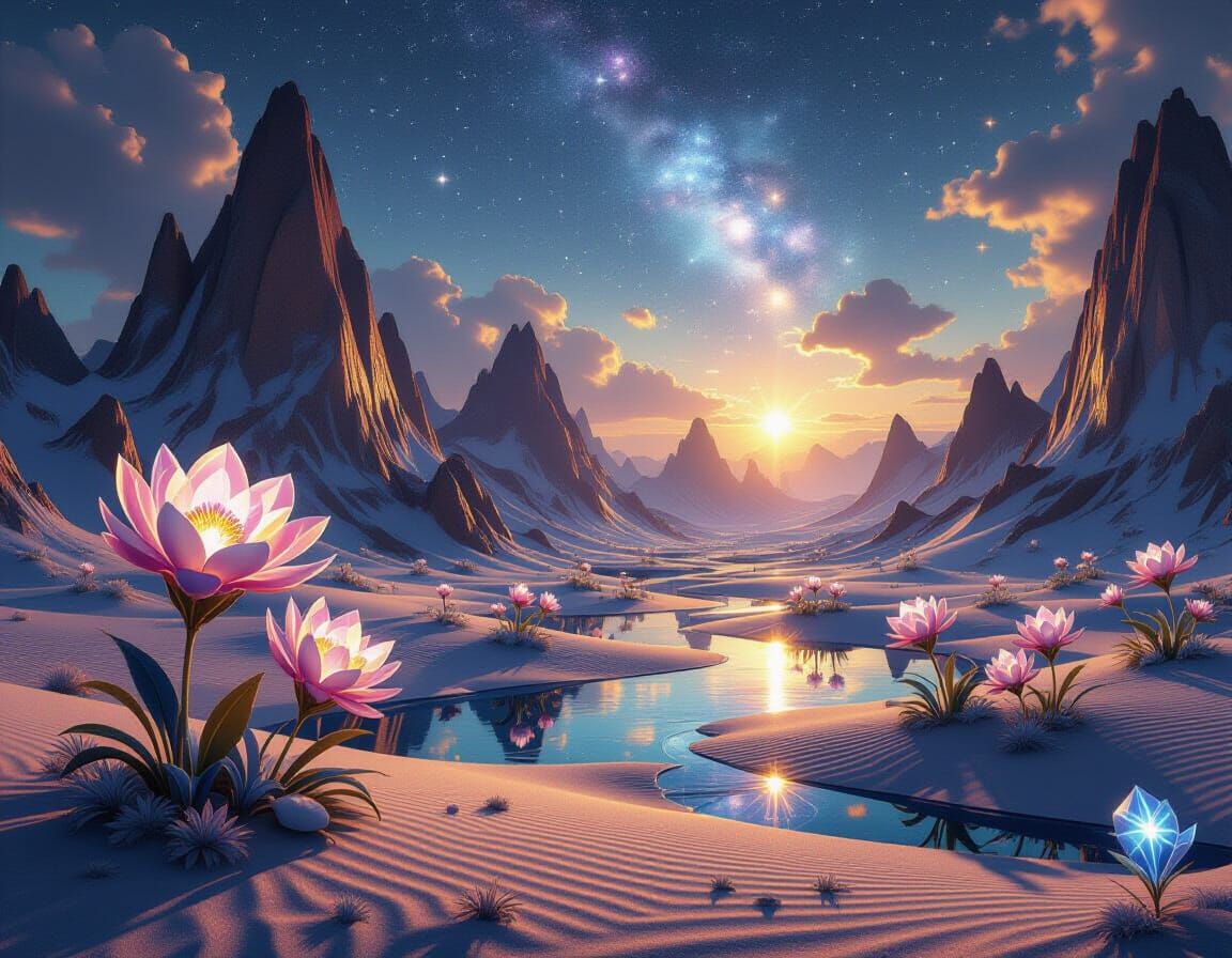 Alien Landscape with Luminous Flowers on Crystal Plants