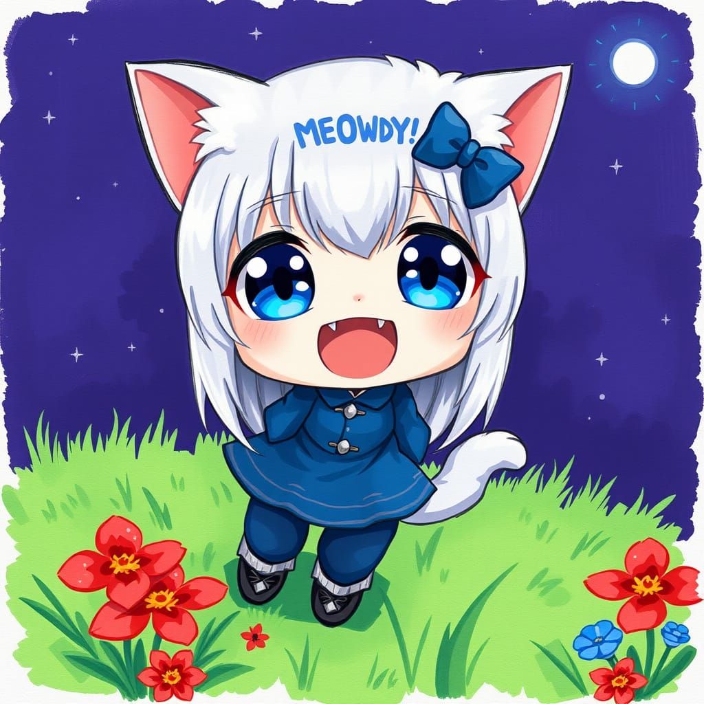 Adorable Anime Catgirl Saying Meowdy in Fauvist Painting Sty...