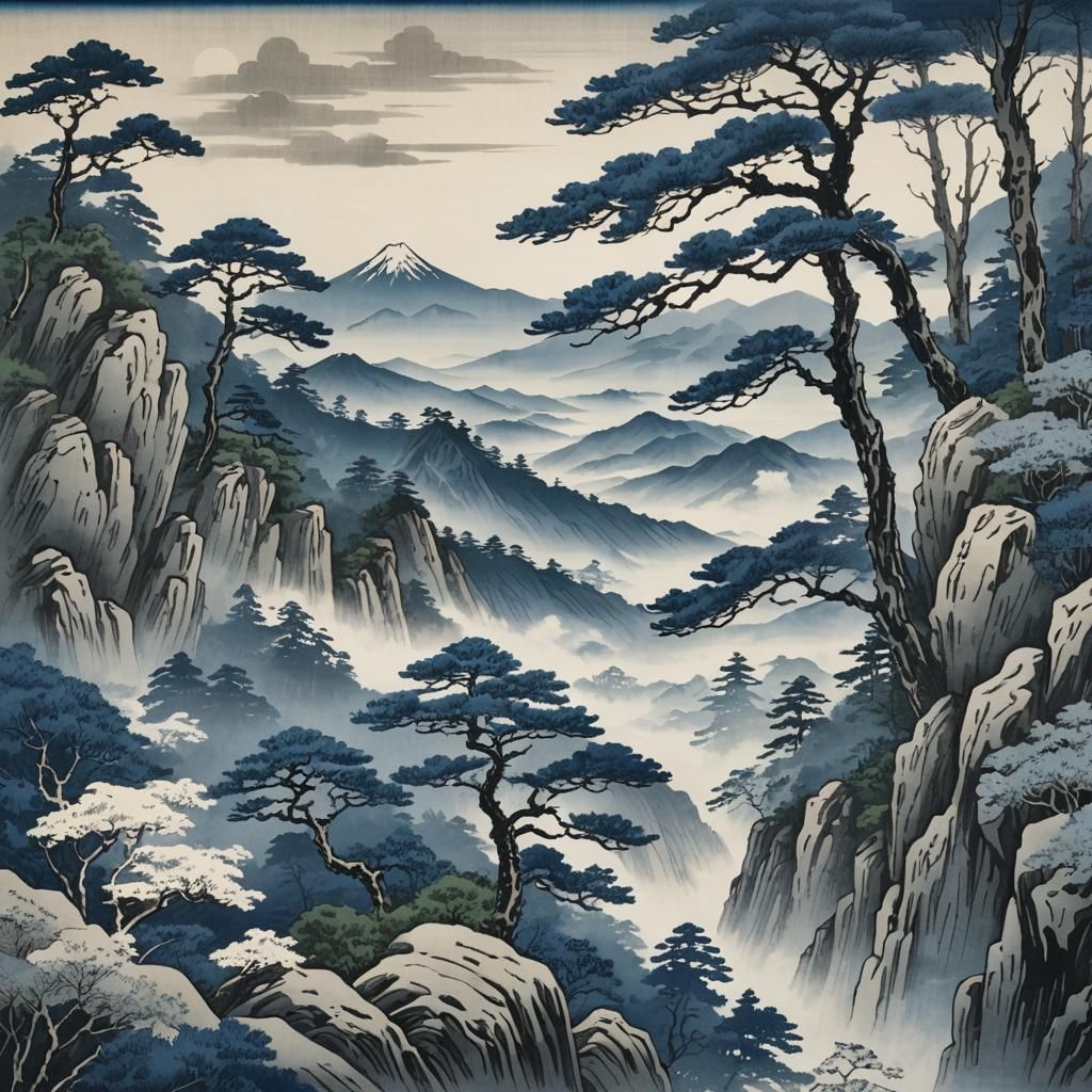 Traditional Japanese Woodblock Print of Oubaitori in a Seren...