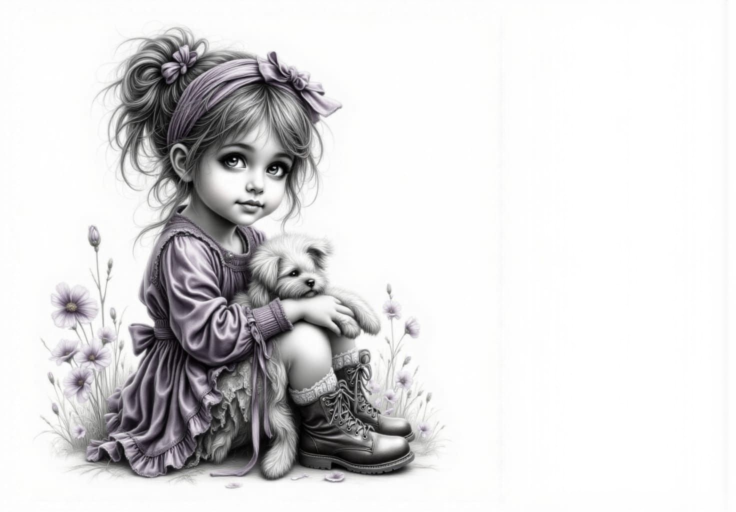 Adorable little girl, tousled hair, dressed in rags/ holding her fluffy puppy on her lap/ purple theme/ Hand drawn color...