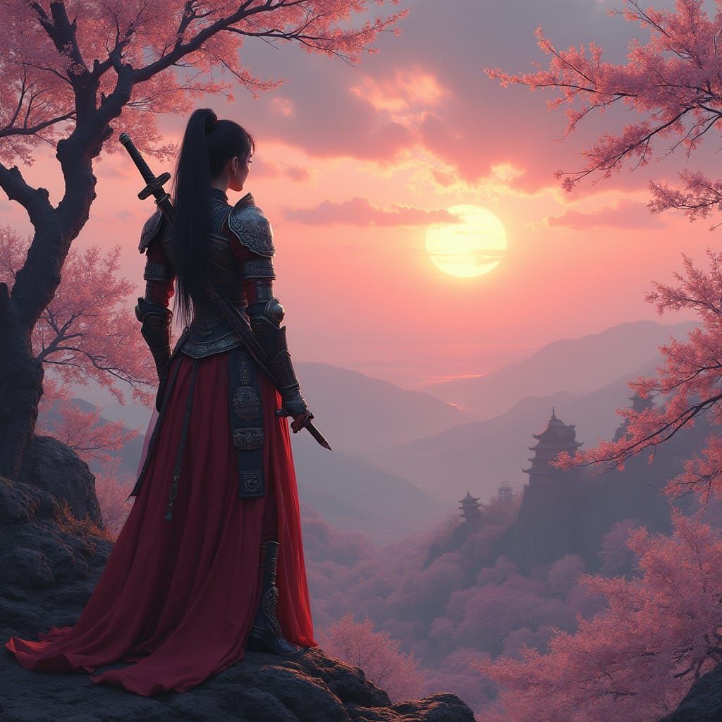 Asian Woman Warrior in Cherry Blossom Landscape
