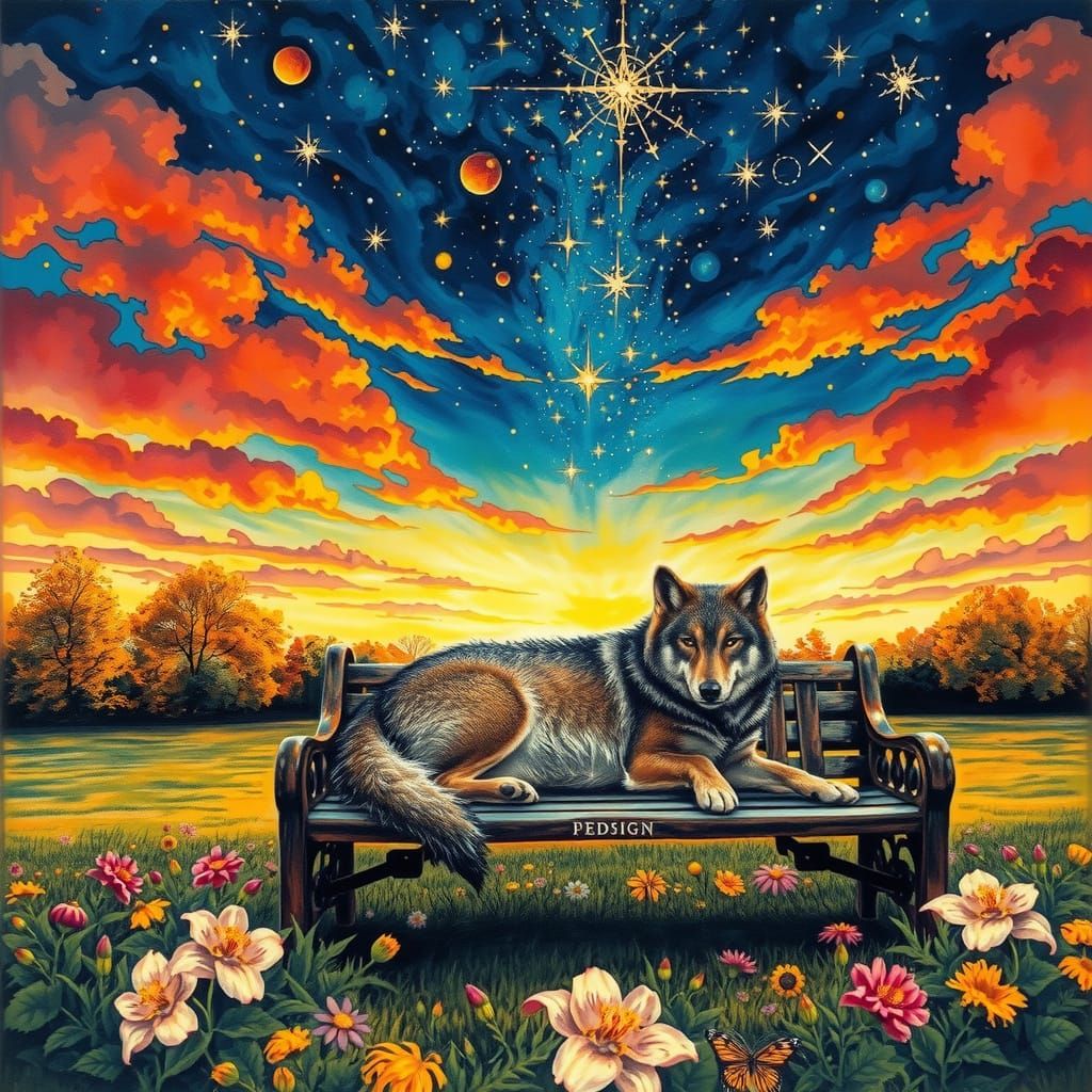 Alcohol Ink Autumn Sunset with Wolf on Bench