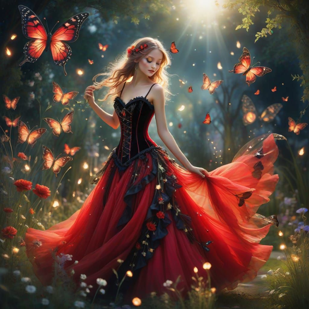 Fairy Dancing in Moonlit Garden with Velvet Dress