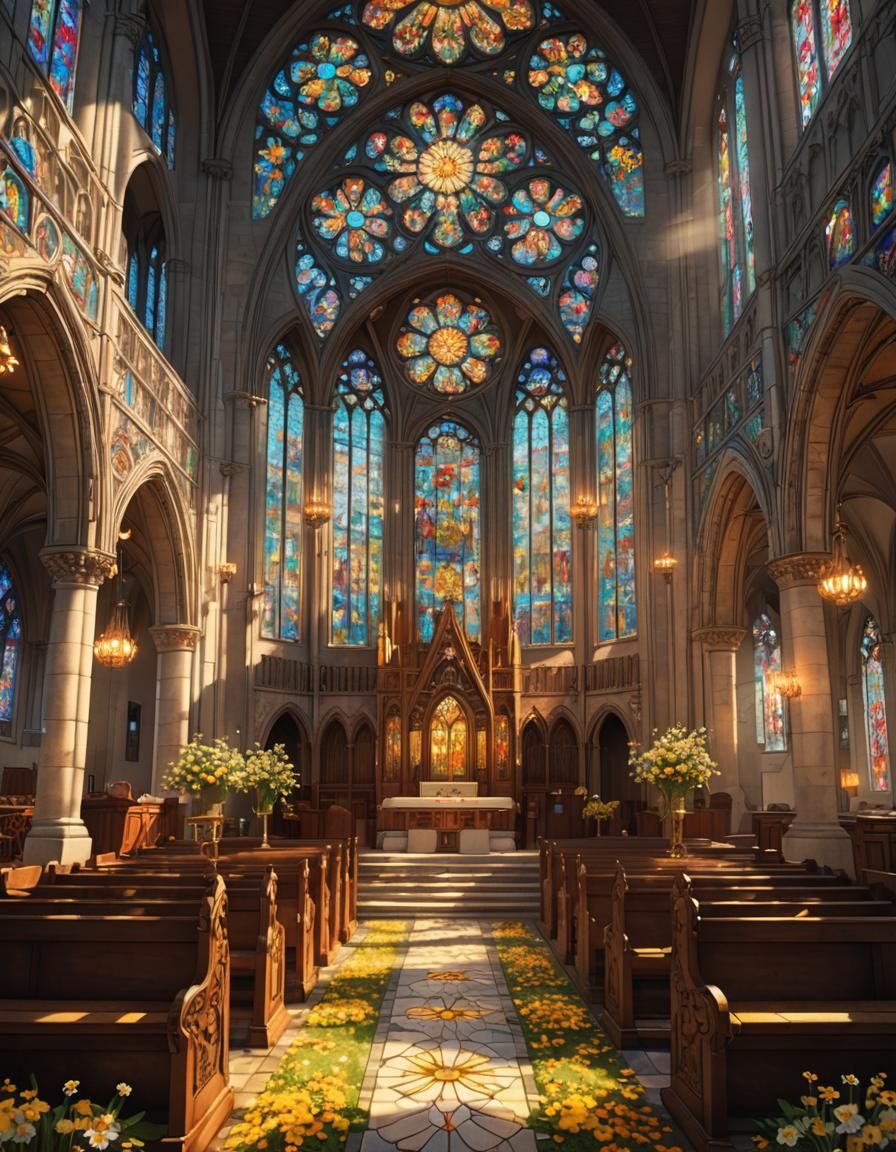 Cathedral Interior with Stained Glass in Anime Style