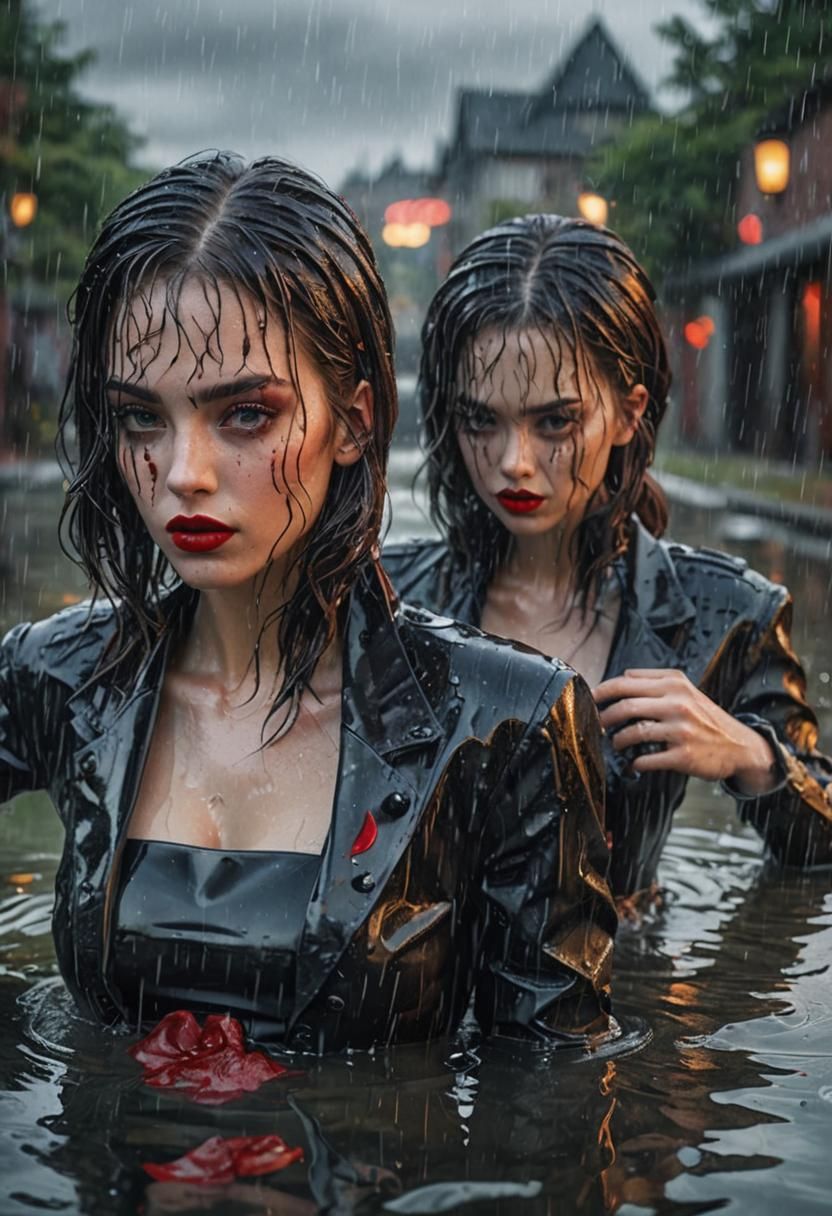 Glamorous Women in Wet Latex Jackets: Detailed Matte Paintin...