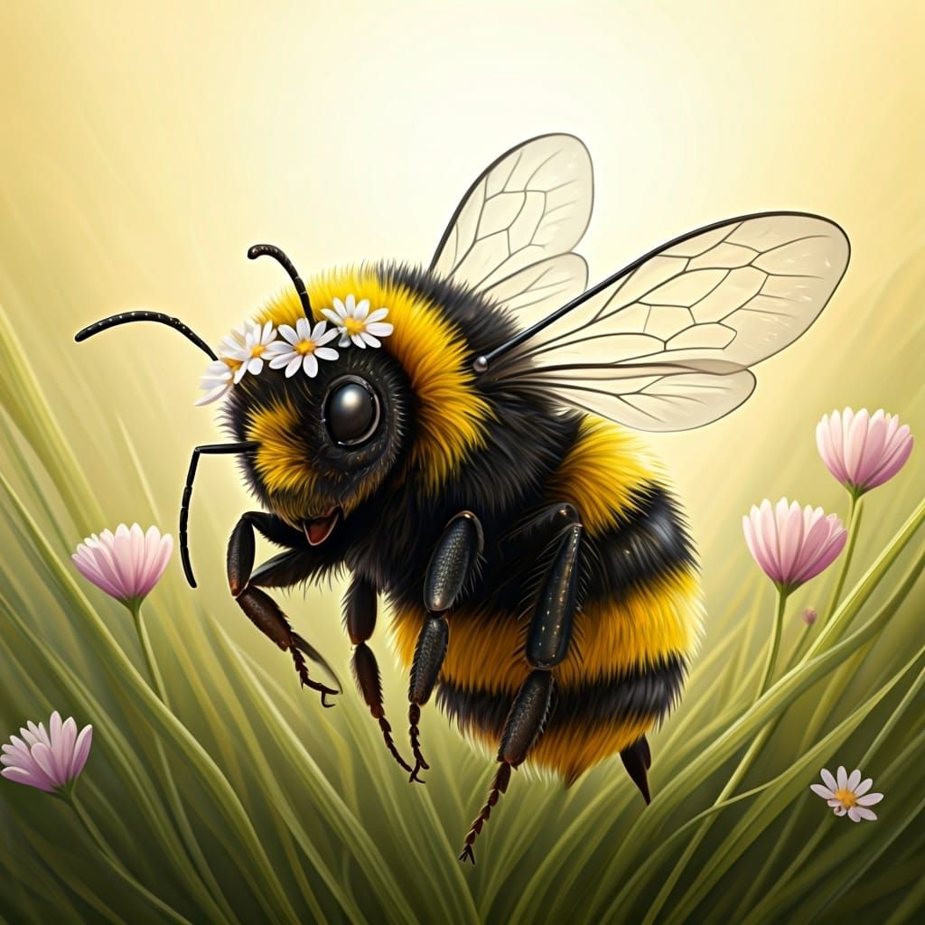 Bumblebee with Flower Crown in Pastel Meadow