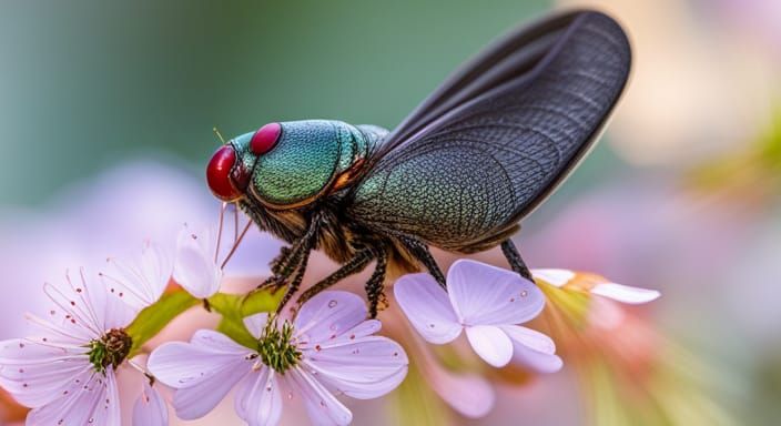 Cicada with Iridescent Eyes on Cherry Blossom