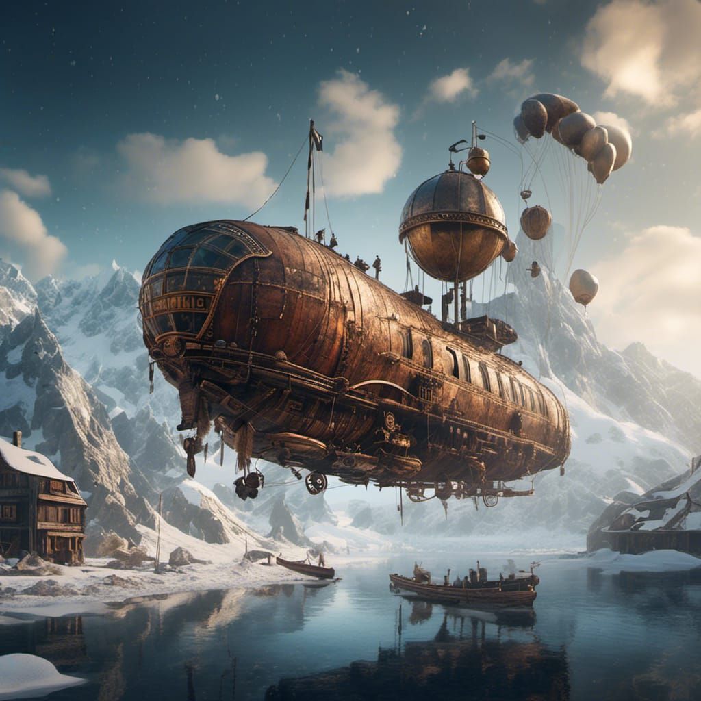 Steampunk Zeppelin Arctic Expedition in Matte Painting Style