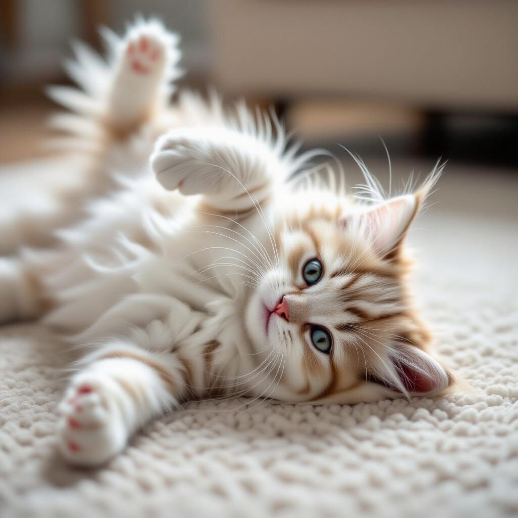 Playful Fluffy White Kitten Stretching