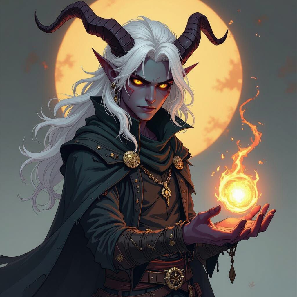 Tiefling Warlock with White Hair, Comic Book Style