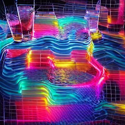 Colorful Water Flowing Over a Neon Grid