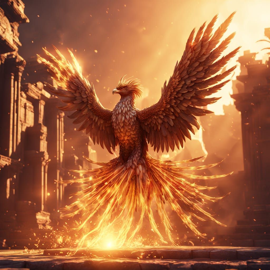Majestic Phoenix Rises from Golden Flames in a Cinematic Fan...