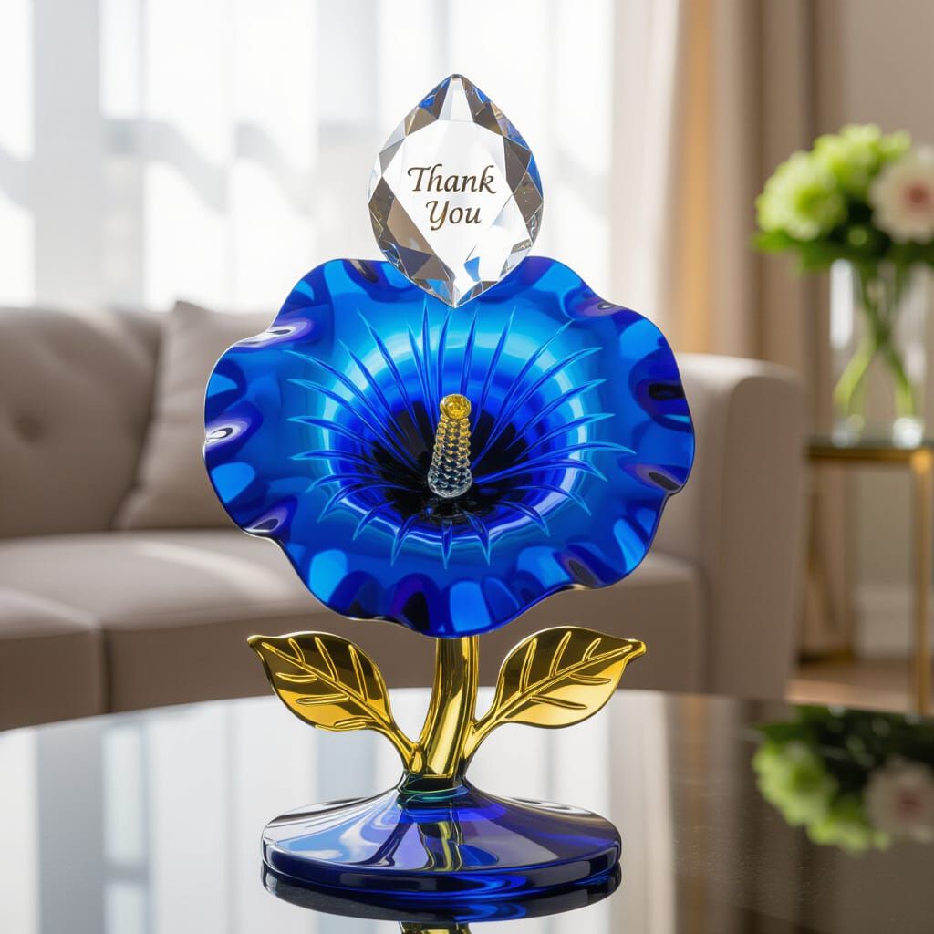 Glass Morning Glory Statue with Crystal Leaf