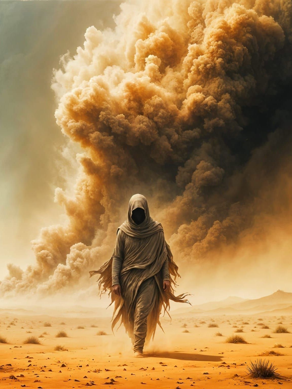 Desert Sandstorm: Surreal, Gritty Gouache Painting