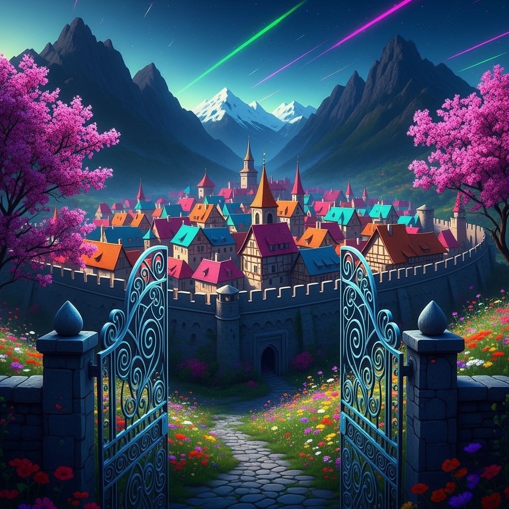 Vibrant Medieval Town in Dream App Style