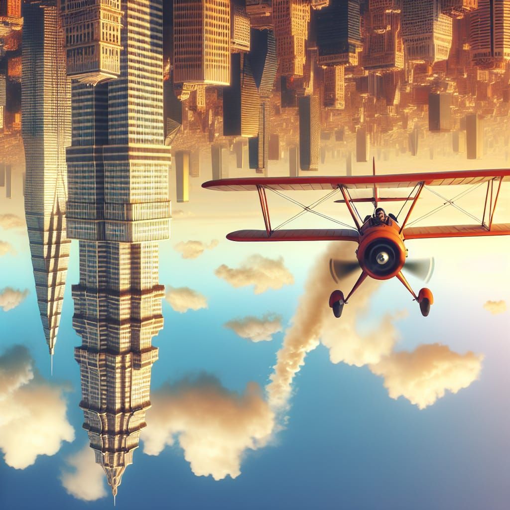 Pilot in Biplane Navigating Upside-Down Sky City