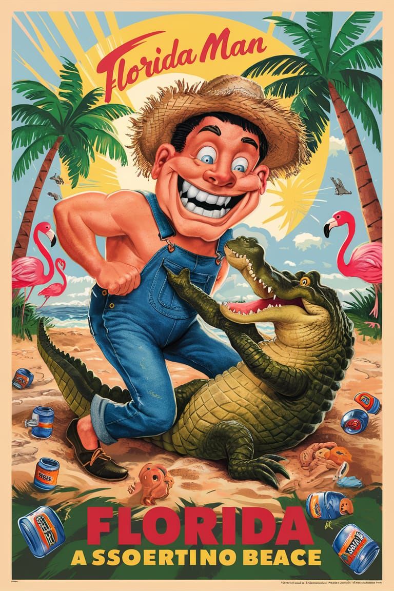 Cartoon Florida Man Wrestles Alligator in Vintage Poster Sty...
