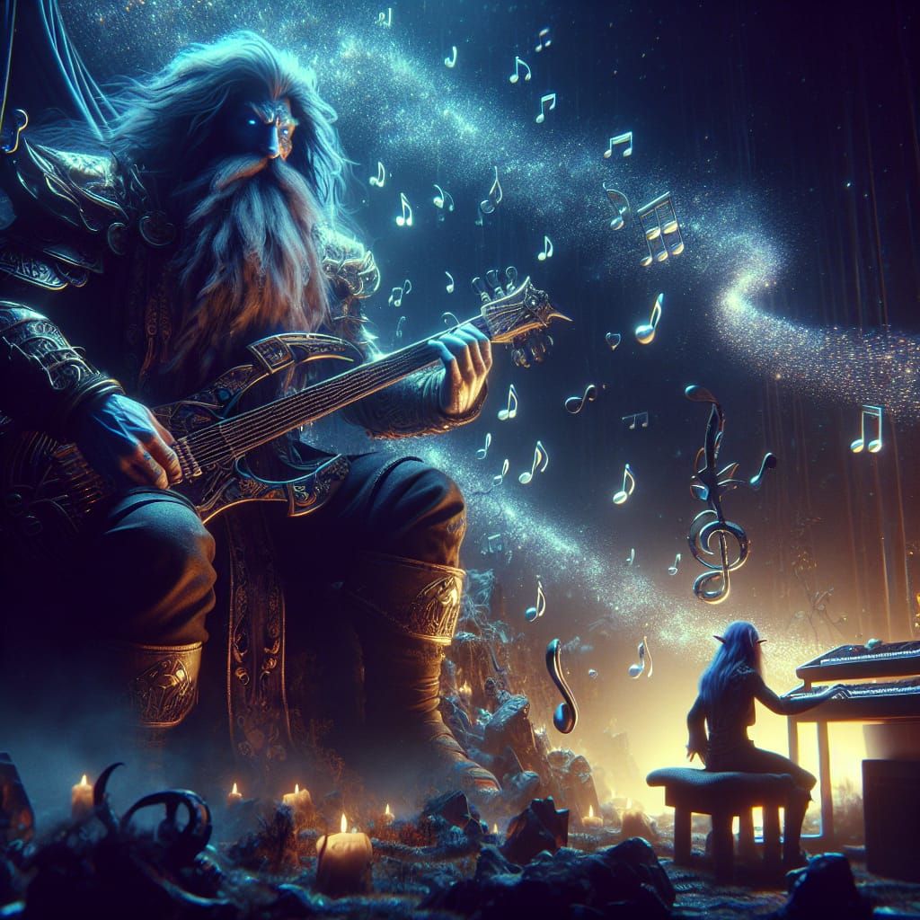 dwarf with long hair playing mesmerizing guitar shaped like ...