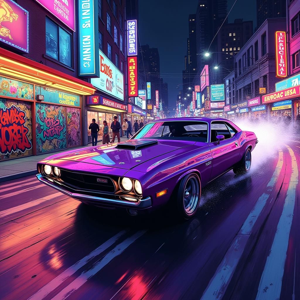 Purple Muscle Car in Neon Cityscape Art